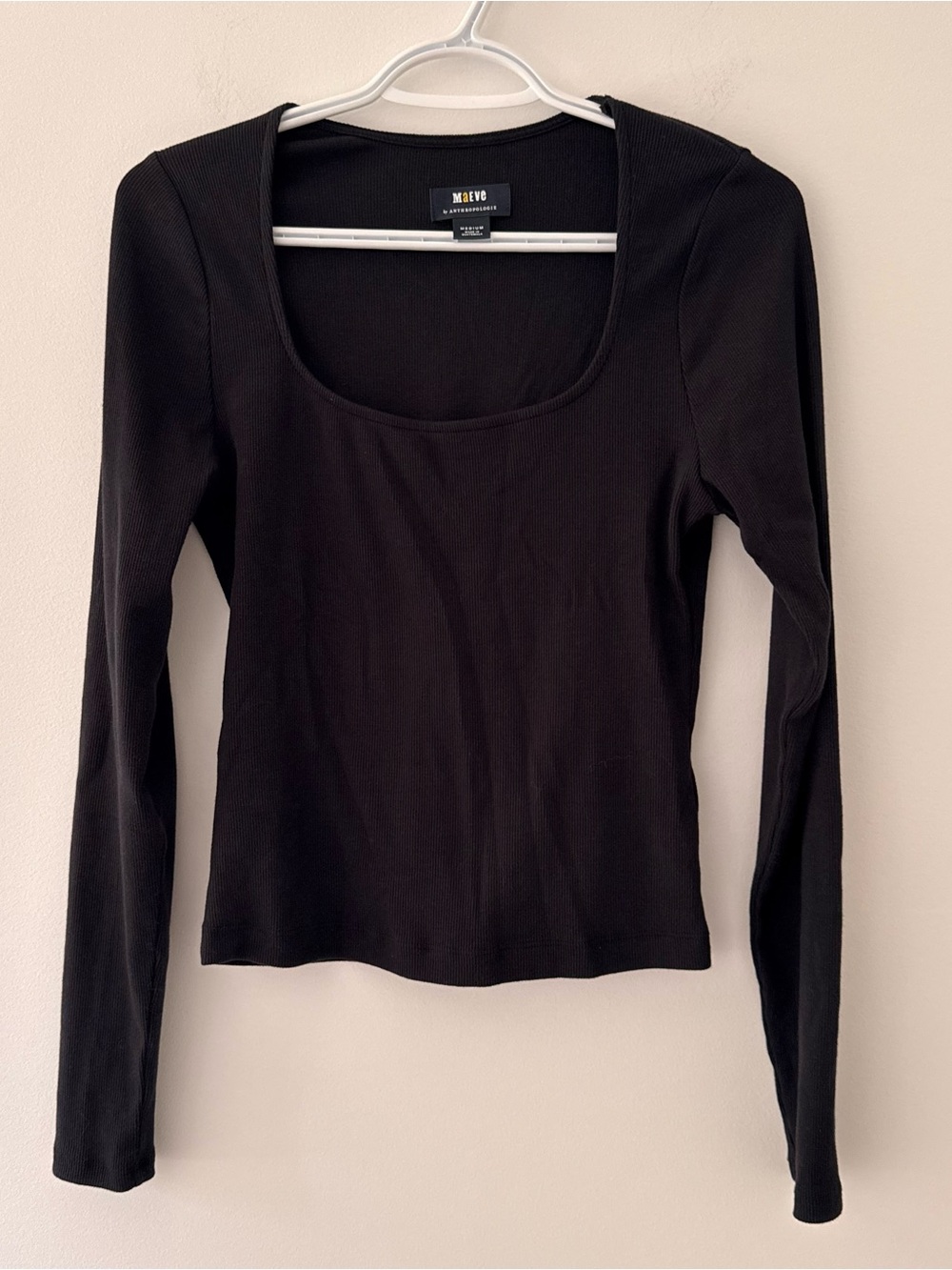 Maeve for Anthropologie Black Long-Sleeve Square Neck Ribbed Top